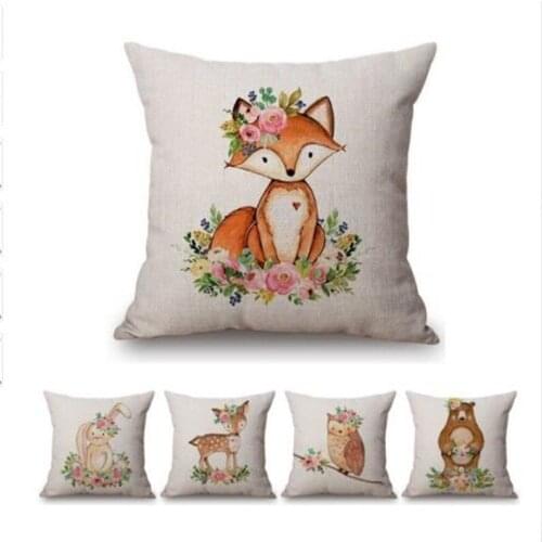 Cute Flowers Cartoon Fox Bear Owl Deer Baby Girl Room Decoration Throw Pillow Case Cotton Linen Cute Cushion Cover For boys