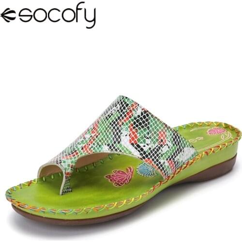 Socofy Bohemian Ethnic Print Stitching Floral Soft Clip Toe Flat Beach Sandals Women Fashion Sandal Ladies Shoes