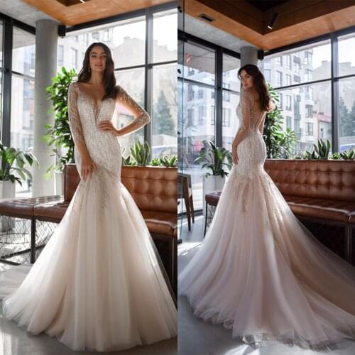 Mermaid Wedding Dresses Sexy Deep V Neck Long Sleeves Button Back Bridal Gowns Lace Appliques Beads Sequins Wedding Dress