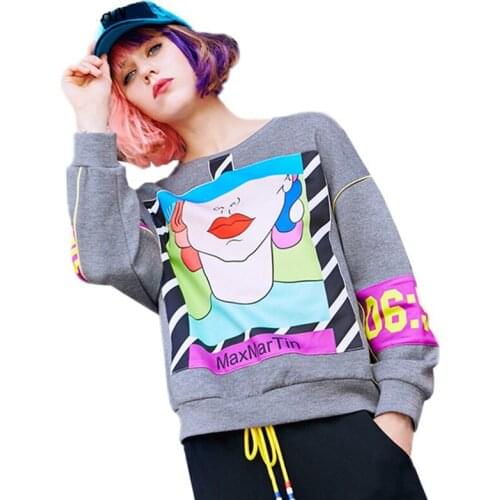 Spring Autumn Female Gray Tops Ladies Long Sleeve O-Neck Sweatshirts Harajuku Letter Cartoon Print Plus Size Loose Pullovers Z85