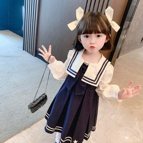 Girls Spring Suit 2021 New American Style Children Fashion Baby Girl Navy Two Piece Set Ubrania Dla Dziewczynek