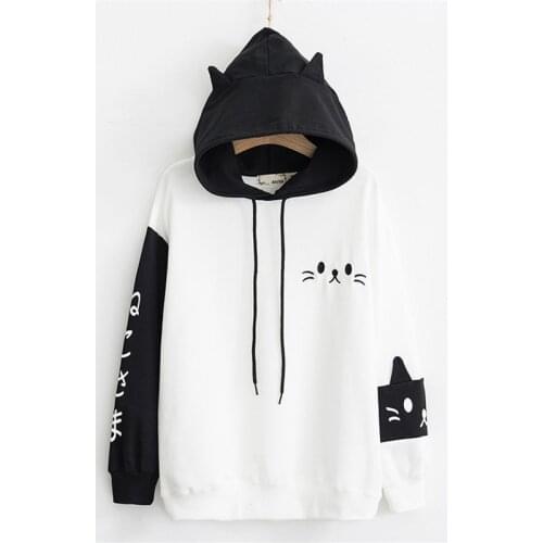 Japanese Anime Student Hoodie Harajuku Sweatshirt Girls Preppy Style Neko Cat Hoodie Kawaii Embroidery Sleeve Women Hoodie 2020