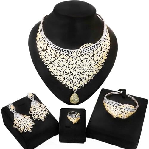 Yulaili Fashion European American Women Luxury Cubic Zirconia Jewelry Sets Full Crystal Necklace Earrings Bracelet Ring Jewelery