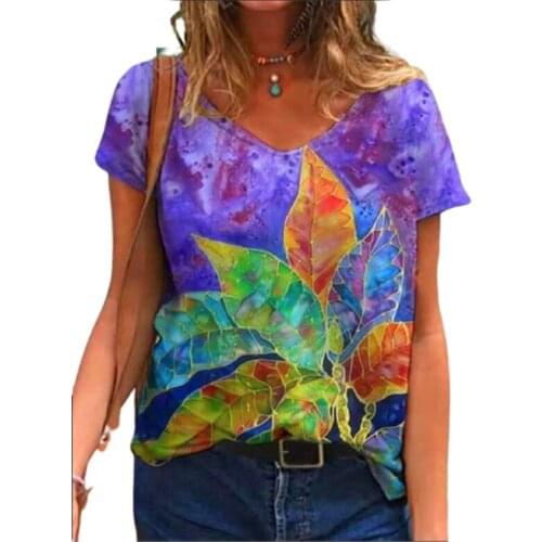 Women 3d Leaves Printing Summer T Shirts 2021 Casual Loose Short Sleeve V-neck Tops Oversized Female Clothes Plus Size 2xl 3xl