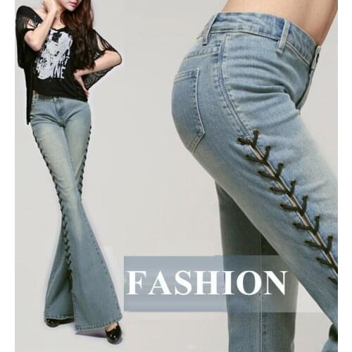 2020 New Blue Bandage Lace Up Flare Jeans Women Split Hig Waisted Bell Bottom Jeans Stretch Skinny Trousers Bell Bottoms