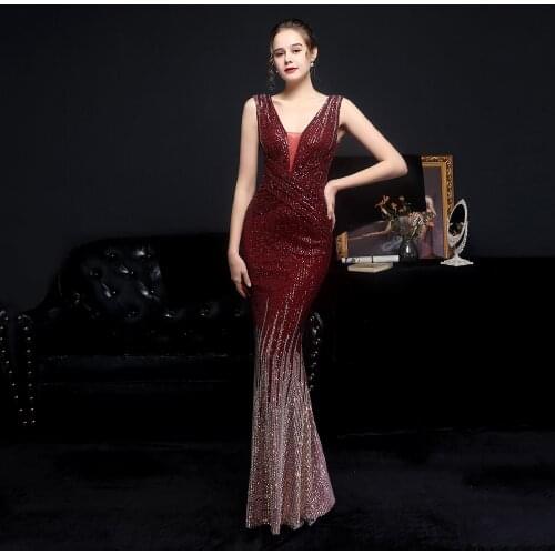 Elegant Mermaid Sleeveless Sequined Backless Prom Evening Dress Women Gradient Glitter V-Neck Graduation Formal Dress for Party