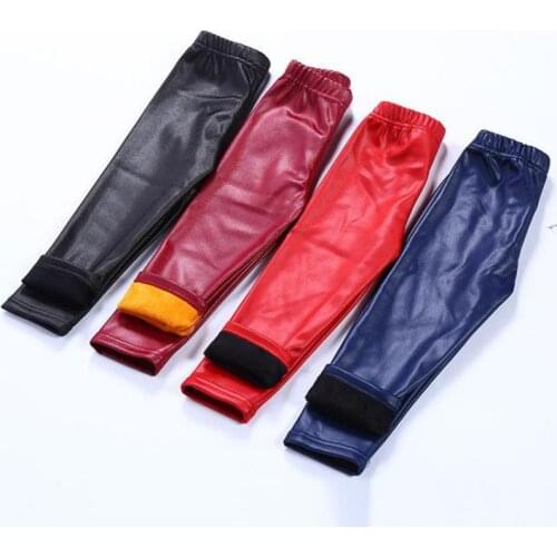 Girls Winter Fake PU Thick Fleece Leggings Winter Pants Warm Pants Leggings Winter For Kids 1-16 Years Fleece Color Random