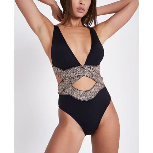 Bling Bling Golden Blet One Piece Swimsuit Women Vintage Push Up Swimwear Splicing Cut Out Monokini Bodysuit Beach Bathing Suits