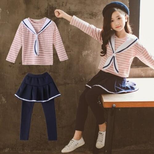 Children Clothing Sets for Girls Sport Clothes Navy Style Striped+Skirts Pants 2pcs Girls Sports Suits Teenage Kids Tracksuits