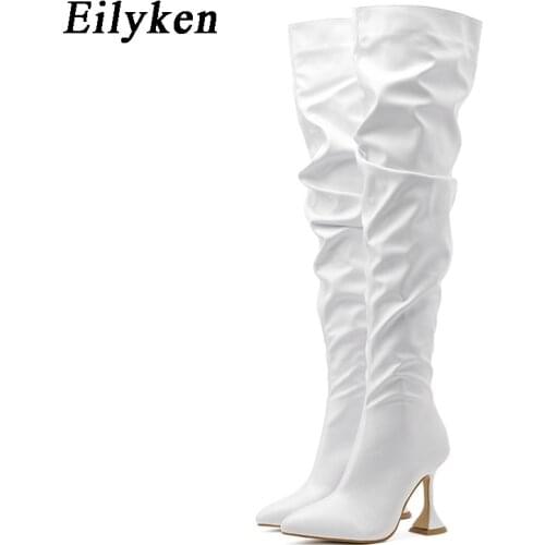 Eilyken Star Style Over The Knee Boots Fashion Pleated Leather Zip Women Pointed Toe Cup Heels Sexy Nightclub Stripper Shoes