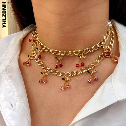 Korean Cute Cherry Crystal Pendant Necklaces for Women Gold Silver Color Metal Thick Chain Necklace Fashion Jewelry