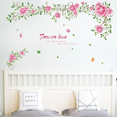 Beautiful Pink Flowers Wall Stickers Romantic TV Sofa Decoration Creative Wall Decals PVC Vinyl Art Wallpaper Removable