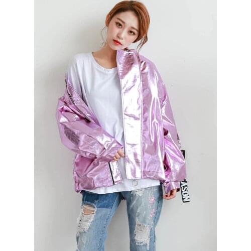 Spring Autumn Metal Bomber Jacket Pink Silver Hologram Parka Coat Punk Hip Hop Loosen Casual Women Men Outwear Chaqueta Mujer