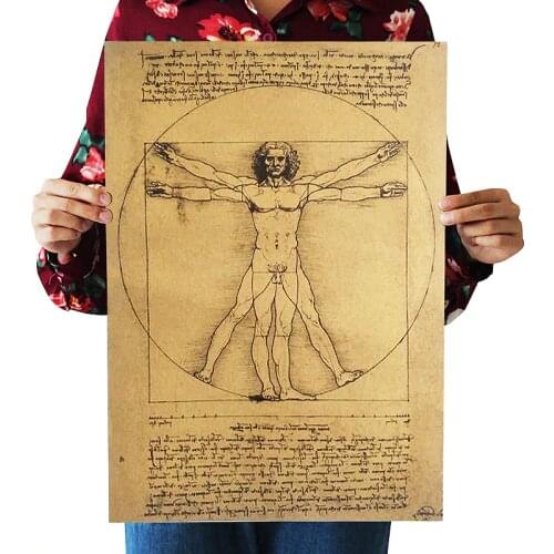 Leonardo Da Vinci Manuscript Vitruvian Man Posters Nostalgic Retro Decorative Painting Core Kraft Paper Wall Sticker