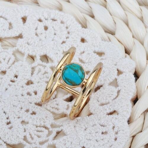 Fashion Jewelry Vintage Natural Blue Turquoises Rings Simple Double Design Golden Finger Ring For Women Men Wedding Party Gifts