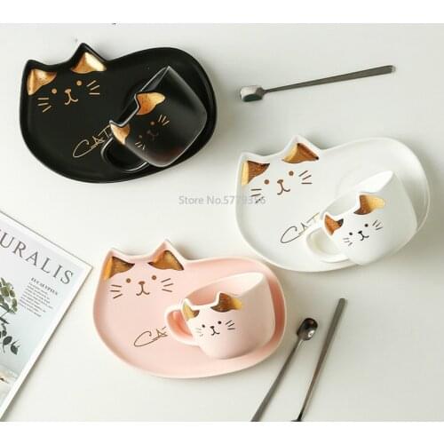 200ML Cartoon Ceramics Cat Mug Set with Saucers Spoon Coffee Milk Mugs Cute Creative Breakfast Drinkware Birthday Gift Porcelain