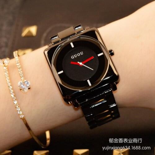 Fahon GUOU Brand Wristwatches Quartz-watches High-grade Women Watch Rose Gold Black Stainless Steel Joker Square Simple Luxury