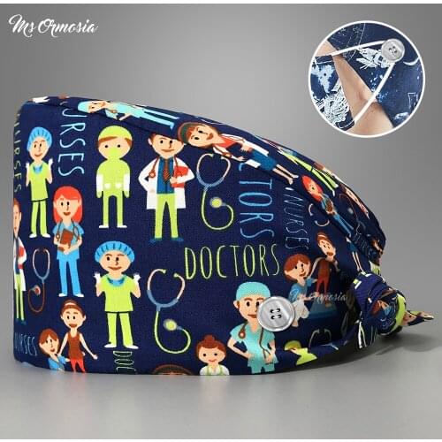 New Pure Cotton Printing Surgical Cap Unisex Adjustable Nurse Cap Buckle Elastic Beauty Hats nurse cap Fashion scrubs hat 2021