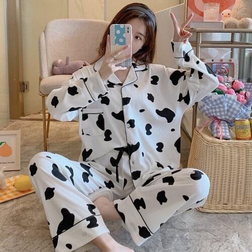 2021 Autumn Cotton Long Sleeve Pajama Sets for Women Korean Cute Cartoon Cow Sleepwear Suit Pyjama Homewear Pijama Mujer Clothes