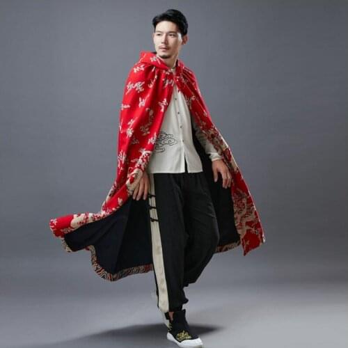 Oriental Dragon printed Plush Cape spring Autumn Chinese style clothing Hemp cotton Cloack ancient costume for Overseas Asian