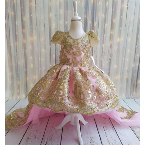 Real picture pink and golden lace high low baby girls dresses little princess first birthday dress photography special occasion