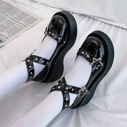 Spring Autumn Women Platform Shoes Metal Star Cross Tied Lolita Shoes Rivets Girls Thick Sole Leather Shoes Ankle Strap 8570G