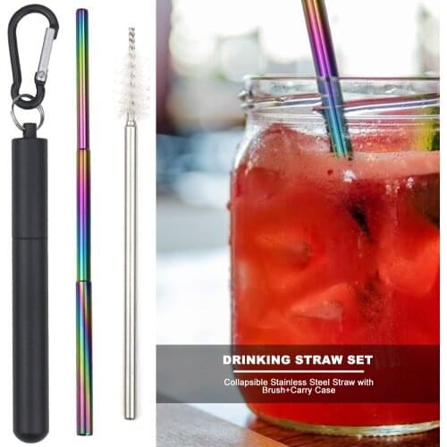 Outdoor Collapsible Telescopic Stainless Steel Straw Cleaning Brush Container Travel Reusable Collapsible Metal Drinking Straw