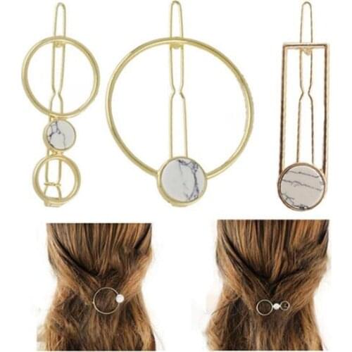 Fashion Retro Women Girls Metal Circle Square Hair Clips Natural Stone Hairpins Barrettes Wedding Hair Clip Hair Accessories