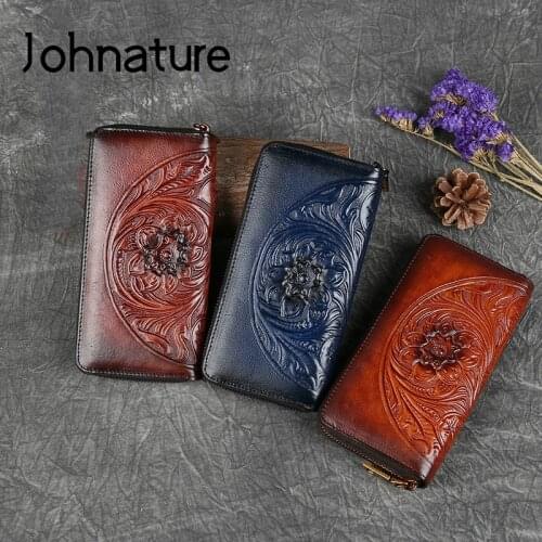Johnature Genuine Leather Retro Women Wallet Card Holder 2020 New Handmade Embossed Long Hand Bag Leisure Cowhide Phone Purse