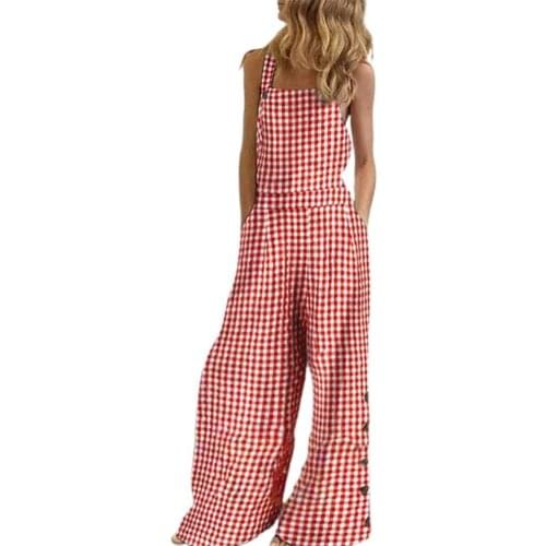 Women Jumpsuit Wide Leg Checkered Plaid Sleeveless Pockets Loose Suspenders Playsuit Female Elegant Rompers Playsuit Overalls