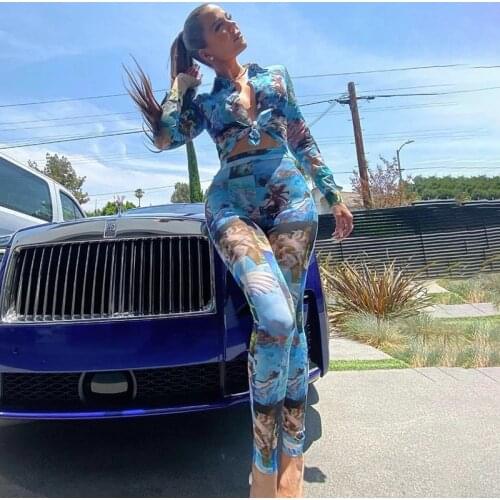 Beach Leisure Vacation Womens Suit Summer 2021 Print Turn Down Collar Shirts High Waist Pencil Pants Sets Femme Outfits