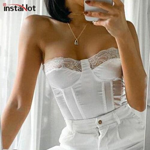 InstaHot Strapless Lace Patchwork Tank Top Women Elegant Backless Women Summer Office Lady Cropped Tops 2020 Zipper Back Vest