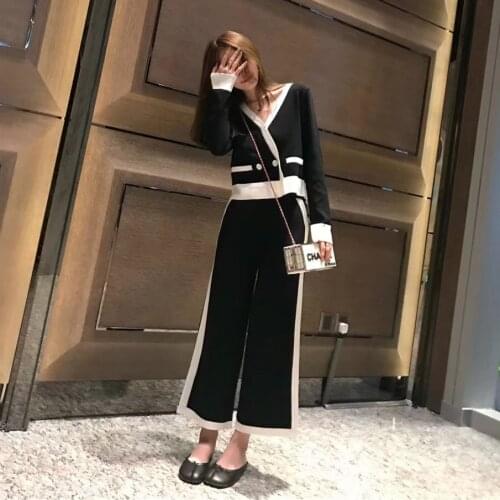 Legant V Neck Long-sleeved Loose Knitted Sweater Crop Top+Wide-leg Ankle-length Pants 2019 Womens Spring Casual Knitting Suits
