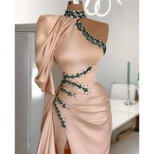 Champagne Muslim Mermaid Evening Dresses Long Sleeves Formal One Shoulder HIgh Slit For Women Party Crystals Vestidos Para Mujer
