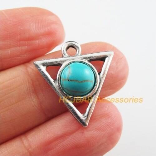 12 New Triangle Charms Tibetan Silver Tone Blue Stone Pendants 19.5x21mm