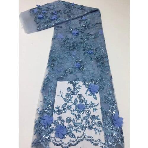 2021 Newest Blue French Tulle Lace Fabric Sequins 3D Emroiderey African Mesh Lace Fabric High Quality Sequins Lace Wedding Sew