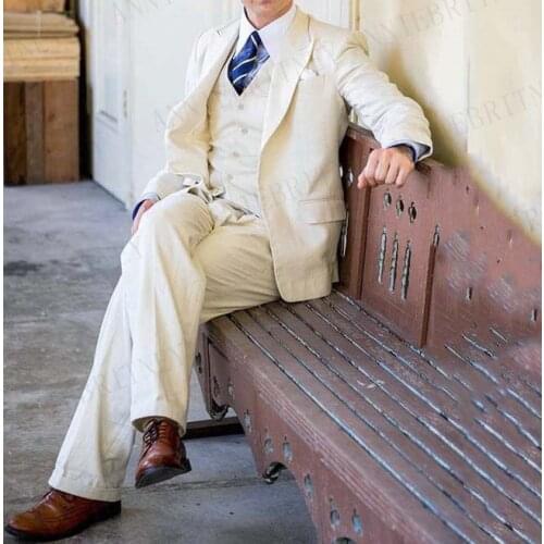 ANNIEBRITNEY Latest Coat Pant Designs Ivory Linen Men Suits for Wedding Italian Groom Tuxedos Slim Fit Casual Summer Blazer Set