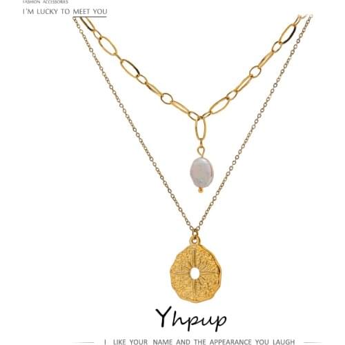 Yhpup Statement Round North Star Layered Pendant Necklace for Women Golden Stainless Steel Natural Pearl Chain Collar Necklace