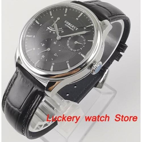CORGEUT 40mm Men watch black dial Date display Power reserve Automatic Mechanical watches