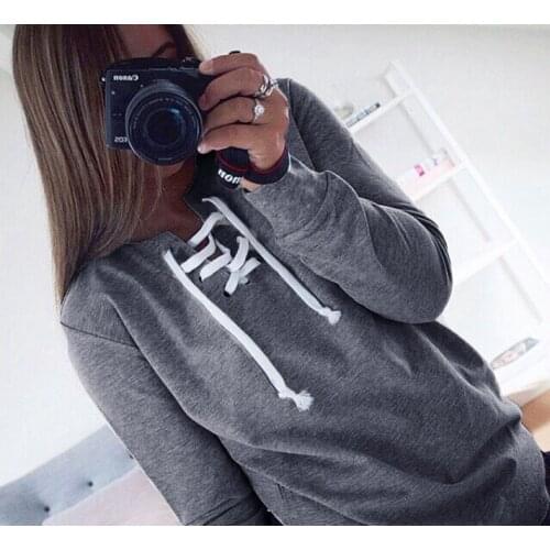 Manubeau Spring Autumn Women Long Sleeve V-neck Lace Up Hoodies Sweatshirt Bandage Pullover Shirts Casual Sexy Tops Loose Hoodie