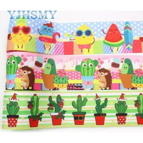 I-19912-2163,3",5yards Cartoon cactus heat transfer printing grosgrain ribbon, bow cap DIY handmade accessories decoration