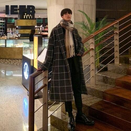 IEFB /mens wear 2020 autumn winter plaid print long coat Korean style trendy mid-length woolen coat couple bandage waist 9Y3829