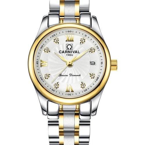 Carnival Women Lady Fashion Business Waterproof Steel Watchband Quartz Watch Wristwatch - gold case white dial