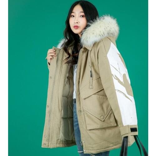 Korean Fashion Print Cotton Parka Coat Womens Winter Oversized Loose Down Cotton Coats Jackets Women Casual Hooded Cotton Jacket
