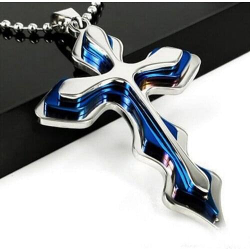 Stainless Steel Cross Blue Wave Pendant Necklace Personality Retro Mens Necklace Religious Belief Jewelry Accessories
