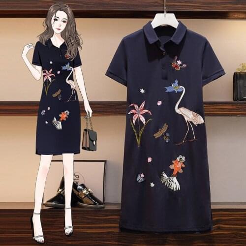 Summer Women Polo Dress embroidery floral graphic elegant Midi Dresses Plus Size L-4XL Long Tshirt dress Female Clothes