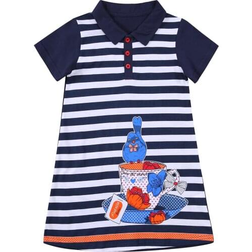 Lovely Toddler Baby Girls T-shirt Dress with Horizontal Short Sleeve Striped Cartoon Print Button Decoration Summer Clothing