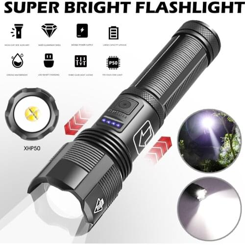 High Powerful Flashlight USB Rechargeable Super Bright led Flash Light with 5 Modes Power Indicator for Outdoor Hiking Camping