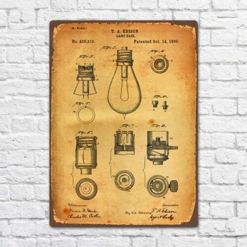 Thomas Edison Lamp Base 1890 Patent Vintage Retro Metal Tin Sign Metal Sign Wall Decor Fashion Art Decor Poster BIE100