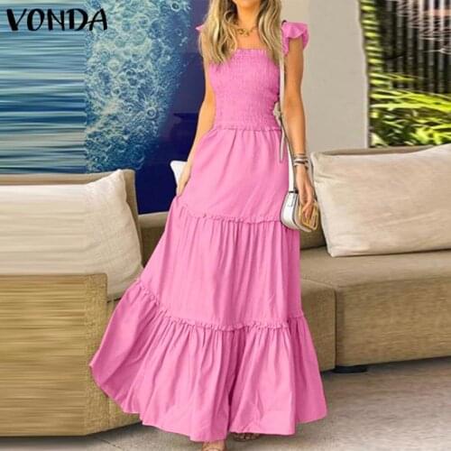Long Dress VONDA Women Casual Solid Sexy Sleeveless Long Maxi Dresses Loose Lace Pleated Ruffled Hem Bohemian Vestidos 5XL